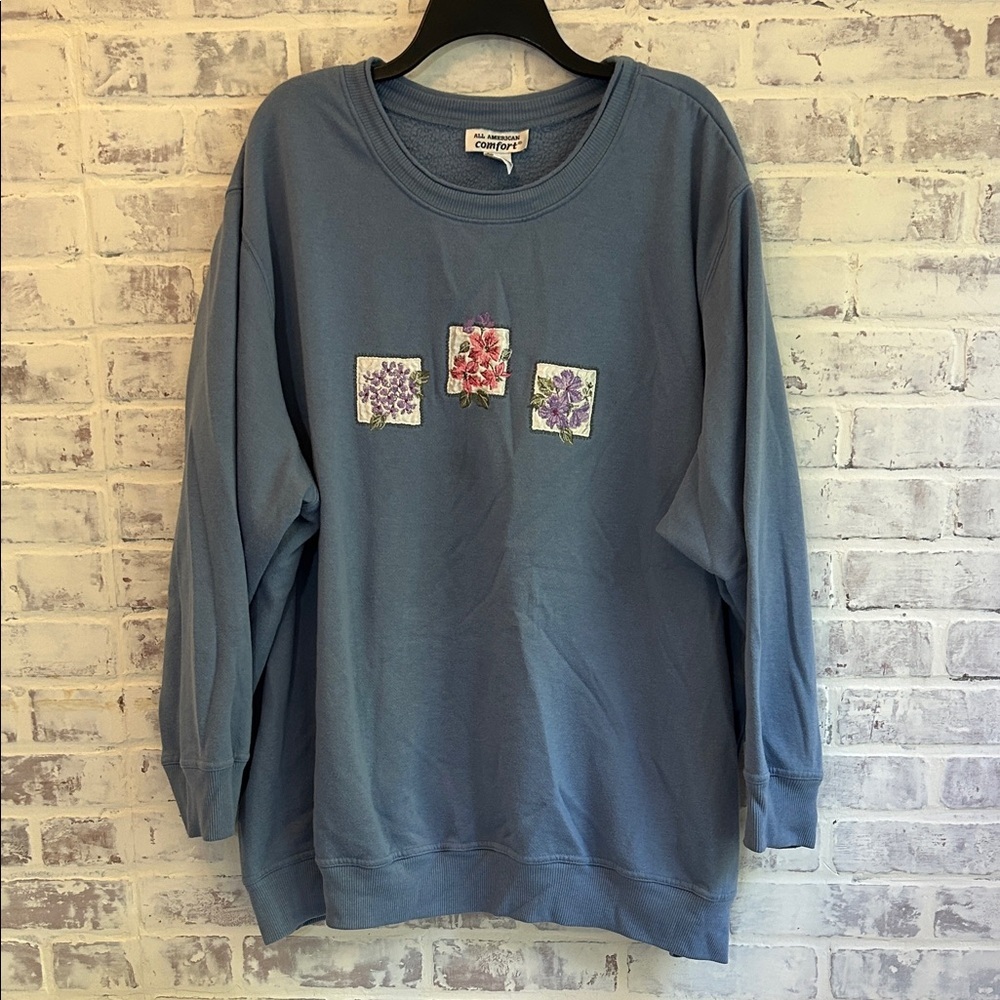 Vintage Womens 5X Floral Embroidered Crewneck Sweatshirt Blue Cottagecore Spring